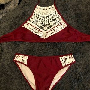 Halter Bikini set. Scarlet color, white lace trim.